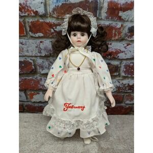 Meico Inc February Birthday Porcelain Doll Heart Dress Amethyst Necklace 12in
